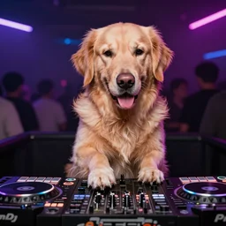 a photograph of a DJ golden retriever dog, playing at a nightclub
