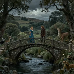 Arwen and Aragorn at the bridge in Rivendell in the evening, detailed matte painting, cinematic, Alan Lee, Artstation