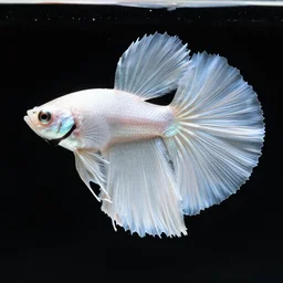 a graceful iridescent white betta fish in black!!! water