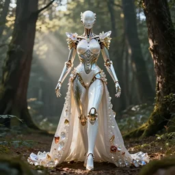 cinematic forest lighting, beauteous practical sumptuous full body elegant pose, white pearlescent, chrome, iridescent titanium hybrid biomechanical, crystal, liquid gold, copper, bronze, crystalline masterpiece incrustations, by lee jeffries, hyperdetailed metalwork movie still, octane render, unreal engine, crepuscular rays,