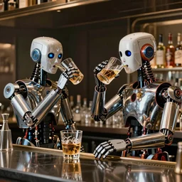 robots drinking alcohol, inside a glass bar, chrome reflections, hyper-realistic, extreme detail, sharp photo, beautiful, cinematic 4K, by Sorayama