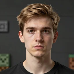 tall man in his twenties with brown blond short quiff hair and thin slightly round facial structure with cleft chin, straight eyebrows and prominent nose, good definition of cheekbones, big hazel nut brown eyes, narrow face, slim body, atmospheric lighting, pixelated, minecraft