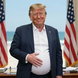 Donald trump showing office his pregnant belly at the beach, he is staring at the camera and smiling, he rubbing his belly
