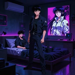 screenshot of a detective's bedroom, cyberpunk neon - noir, from the anime anime anime film ergo proxy, ghost in the shell anime film, trending on artstation