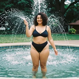 “35mm photo of a buxom lady standing in the middle of a fountain, spraying milk from her..well, you know.”