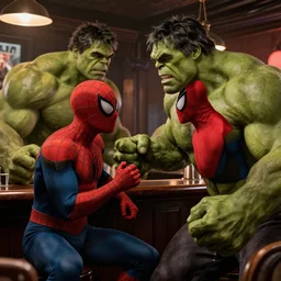 the hulk fighting against spider-man in a bar, photorealistic, high detail, cinematic