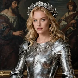 beautiful rugged sultry thick saoirse ronan, blonde hair, wearing silver armour,, seductive, ornate silver wreath, oil painting by titian, hard focus, portrait