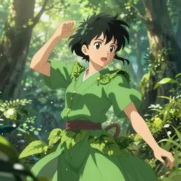 A anime character with green clothes with leaves and plant exploring the world , Digital art, anime style, cinematic, Amazing pose,