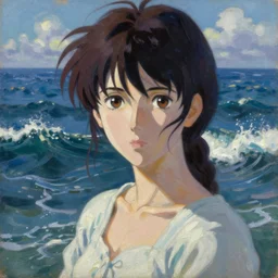 Classical oil painting of the ocean waves, beautiful portrait, official anime artwork, stylistic, brush strokes, oil, canvas, by Marc Simonetti