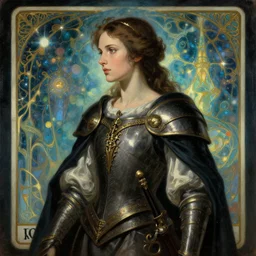 side portrait, baroque oil painting, imogen poots, paladin, gloomhaven, anime, tarot card, art nouveau, luminescent, illustration concept art, bokeh, by victo ngai, fanbox, greg rutkowski, makoto shinkai, studio ghibli