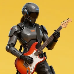 shoulder shot of a high tech solider holding a electric guitar in shotting position, vibrant colors, 8k, highly detailed, octane render, unreal engine, ultra realistic