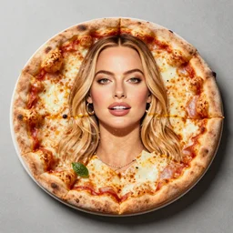 a pizza in the shape of margot robbie, photograph, 8 k resolution, food photography, studio lighting