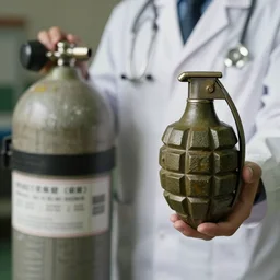 closeup shot of doctor holding a grenade next to a stack of an obvious oxygen tank