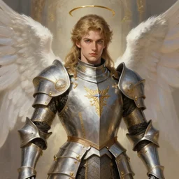 Full portrait of Magical Knight, holy armor, ornamental, angel themed, male, ornamental, highly detailed, smooth, shrap focus, digital painting, illustration, by Albert Aublet, Krenz Cushart, WLOP and Sakimichan, artstation, chiaroscuro, HD 16K