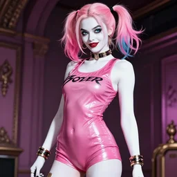 picture of pretty harley quinn from dc comics, skintight pink dress, white skin, pink hair, alluring, high fantasy, dnd, highly detailed, by rossdraws, artgerm, nineties anime quality