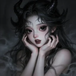 portrait of demon girl, dreamy and ethereal, expressive pose, big black eyes, exciting expression, fantasy, intricate, elegant, dark and moody smoke, highly detailed, digital painting, artstation, concept art, smooth, sharp focus, illustration, art by artgerm and greg rutkowski and jeremy mann