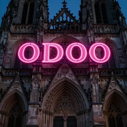 A beautiful gothic cathedral with a pink neon sign spelling the word ODOO in rounded lowercase letters, dramatic lighting, photorealistic