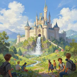 A beautiful digital painting of a castle, waterfall, lovely valley by Stanley Artgerm Lau, frank frazetta, Rossdraws, James Jean, gerald brom, Andrei Riabovitchev, Marc Simonetti, and Sakimichan, trending on artstation