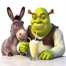 shrek drinking banana smoothie. sitting at table. donkey by his side