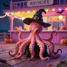a witchy vampire octopus person, while trick or treating on halloween night, lineless, digital, painted, halloween decorations, seaside cafe, boardwalk, pink, yellow, black, ground level shot, macro camera, focused, night, colorful led lights, chromatic aberration, vampire, octopus, four legs