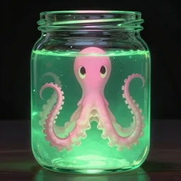 Glowing glass jar with a pink tentacle in green liquid, macro, highly detailed, digital painting, artstation, concept art, smooth, sharp focus, volumetric lighting, cinematic, illustration, art by Artgerm and Greg Rutkowski and Alphonse Mucha