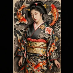 japanese tattoo, koi, woman in kimono, realistic, full body, rich details, by wlop photo - grade