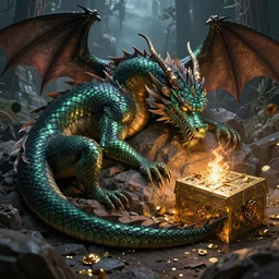 Sleeping dragon protecting treasure, fantasy, 4K