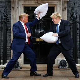 donald trump having a pillow fight with boris johnson, dynamic framing, incredible lighting