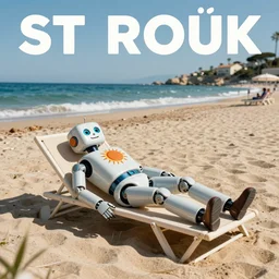 retro tourist poster showing a robot sun tanning on the beaches of st tropez