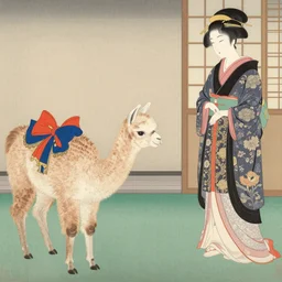 ukiyo-e painting of an elegant llama bowing in front of a Geisha