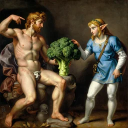 painting of zelda touching a broccoli, the painting looks like the creation of adam by michelangelo