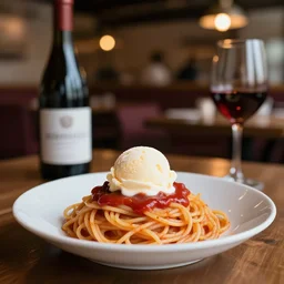 dslr food photograph of spaghetti with lots of vanilla ice cream and ketchup, 5 0 mm f 1. 4, bokeh, restaurant in the background, a bottle of red wine