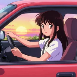 girl driver her car in sunset, sprite, vaporwave nostalgia, directed by beat takeshi, visual novel cg, 8 0 s anime vibe, kimagure orange road, maison ikkoku, initial d, sketch by osamu tezuka, directed by hideki anno