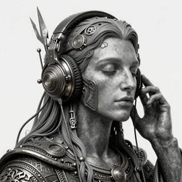 wizard listening to godly music, mechanical headphones, ancient, closed eyes, highly detailed, perfect proportions, highly intricate, art by tom bagshaw and alex gray