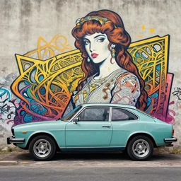 yugo car against concrete wall as pop art, matte painting, hyperdetailed, street style, graffiti, illustration, coherent, art nouveau, beautiful render, concept art