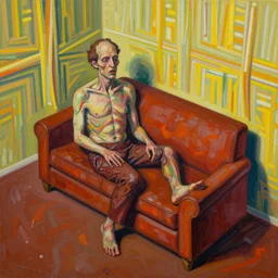 there is a sofa in the room with a body sitting on it, isometric perspective, grotesque, doomed, acrylic paint, gouache on canvas, vibrant colors, grotesque, wrapped thermal background, art francis bacon