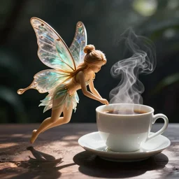 photo realistic fairy as the steam coming from a cup of coffee