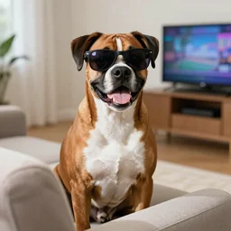 a boxer dog smiling wearing sunglasses, sitting on the couch watching TV, award winning, high quality, trending on artstation, sunny day