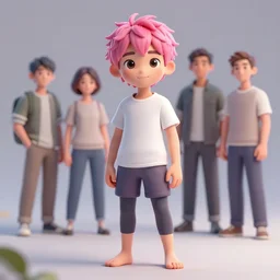 beautiful cute boy with pink hair barefoot wearing tshirt and leggings under shorts. character design by cory loftis, fenghua zhong, ryohei hase, ismail inceoglu and ruan jia. artstation, volumetric light, detailed, photorealistic, fantasy, rendered in octane