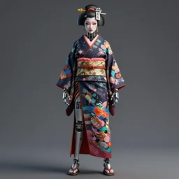 full body portrait of a maximalist style punk geisha robot with kanji tattoos and decals wearing a digital pixelated kimono, intricate design, photo - realistic, octane render, ultra fine detailed, character design, trending on artstation
