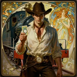 a dramatic ethereal epic symmetrical painting of a handsome villainous cowboy standing in front of a train locomotive | his shirt is unbuttoned and he has a pocketwatch | tarot card, art deco, art nouveau, steampunk, homoerotic, realistic | by louis comfort tiffany and alphonse mucha | trending on artstation