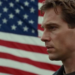 american flag, film still from the movie directed by denis villeneuve and david cronenberg with art direction by and h. r. giger and bernie wrightson, close up