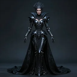 a full body photo of an interdimensional queen priestess, wearing a black mechanical gown, dark magic, masterpiece, stunning, ultra sharp by gottfried helnwein, by anne stokes, hyperrealism, unreal engine, 8 5 mm f / 1. 8