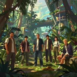 photo post futurist jungle : 5 4 k rtx hdr volume light concept studio matte painting environement digital illustration style gta 5 art borderlands and by feng zhu and loish and laurie greasley, victo ngai, andreas rocha, john harris by jesper ejsing, by rhads, makoto shinkai and lois van baarle, ilya kuvshinov, oss
