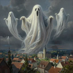 realistic painting of giant ghosts flying through the town