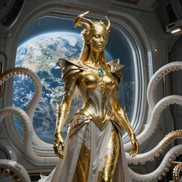 a photo of 8k ultra realistic corrupted lovecraftian golden humanoid queen standing next to a spaceship window overlooking earth, 8 intricate white and gold tentacles, ornate white and gold armour, cinematic lighting, trending on artstation, 4k, hyperrealistic, focused, extreme details, unreal engine 5, cinematic, masterpiece