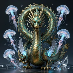dragon ( ( ( ( peacock ) ) ) ) bronze. intricate, centered, amazing composition by amano yoshitaka, by rembrandt 1 6 6 7, illustrious makinami, digital art, digital painting, artstation trending, unreal engine, beautiful light and shadows, matte, fractal flame, transparent jellyfish, transparent feathers, bio luminescent, ice, water