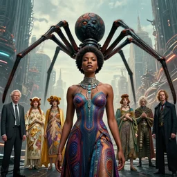realistic detailed photorealistic portrait movie shot of a beautiful black woman with a giant spider, dystopian city landscape background by denis villeneuve, amano, yves tanguy, alphonse mucha, ernst haeckel, david lynch, edward robert hughes, roger dean, cyber necklace, rich moody colours, cyber patterns, wide angle