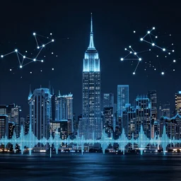 digital art graphic of clusters and constellations of data in the outline of the New York City skyline. texture and pattern of an audio waveform. 4k unreal engine.