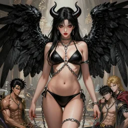 gorgeous!! woman as a chained demoness sorcerer wearing a bikini, d & d, black angel wings | art by jack kirby + akira toriyama + katsuhiro otomo + hirohiko araki | intricate, highly detailed, digital painting, smooth, sharp focus, hyper - realistic, symmetrical